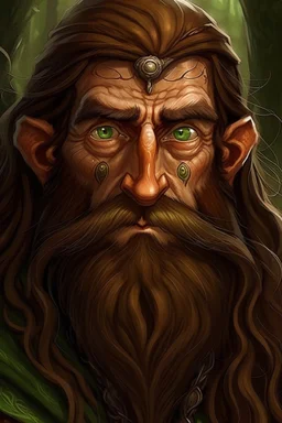 Gnom, braune lange wilde Haare, große, auffällig dicker Nase, grüne Augen, sehr jung (etwa zwanzig Jahre) , Druide, gebräunte Haut, Zeichen im Gesicht, keine Falten im Gesicht, Mann