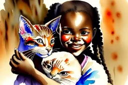 A cute smiling African girl is holding a kitten. Watercolour