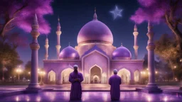 Hyper Realistic men praying outside Beautiful-Decorated-Huge-Purple-Mosque with small-water-fountains & Beautiful-Lightings-Decorations at night with stars on sky & beautiful trees