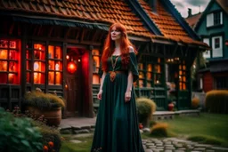 Full body shot of a tall slim pretty, red-headed young female witch, casting magical glowing symbols into the air, dressed in a long flowing green dress, standing in front of a row of cottages and shops with thatched roofs