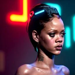 young rihanna, blade runner style, middle short hair, rain, fog, neon ambient, gradient color, clean skin, circuits, latex coat, cyber punk, neon, tubes, portrait, photo studio, unreal engine 5, smooth color, 16 bit, god lights, ray tracing, RTX, lumen lighting, ultra deatail, volumetric lighting, 3d, finely drawn, hd.