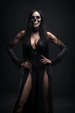 inspired by all the works of art in the world - laughing - Zym Fandell, an extremely tiny, thin, voluptuous beautiful skull-faced vampire werewolf female with long, black hair, full body image, wearing a skinsuit, Absolute Reality, Reality engine, Realistic stock photo 1080p, 32k UHD, Hyper realistic, photorealistic, well-shaped, perfect figure, a multicolored, watercolor stained, wall in the background, hickory dickory Clock