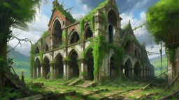 An oil painting of a large, ruined brick building, possibly a church or monastery, with elements of fantasy architecture, the building is in poor condition, with sections of the roof and walls missing, revealing the interior, the space within is filled with hay, the building is surrounded by a dense growth of white-green plants, creating a sense of nature reclaiming the structure, the sky is a dark blue, suggesting that it is nighttime or dusk, and there is a faint glow emanating from within the