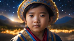 little very young Tibetan boy, beautiful, peaceful, gentle, confident, calm, wise, happy, facing camera, head and shoulders, traditional Tibetan costume, perfect eyes, exquisite composition, night scene, fireflies, stars, Himalayan view, beautiful intricate insanely detailed octane render, 8k artistic photography, photorealistic concept art, soft natural volumetric cinematic perfect light, chiaroscuro, award-winning photograph, masterpiece, Raphael, Caravaggio, Bouguereau, Alma-Tadema