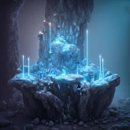 single blue crystal, on an altar in a foggy cave, cinematic,