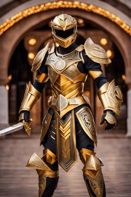 Full body photography,front_view,power ranger looking at viewer,traditional dress ornaments mechanical_armor,intricate armor, delicate golden filigree, intricate filigree, black metalic parts, detailed part,desert background, dynamic lighting