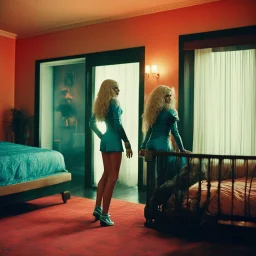 [vintage style noisy scratches glitches, Shot the texture and then rewound the film and double exposed from a colorful 1970s Italian movie] As the hot blonde cheerleader and the xenomorph mummy faced each other in the eerie hotel room, a palpable tension filled the air. The cheerleader, her youthful exuberance contrasting with the mummy's ancient horror, stood poised for a confrontation unlike any other. The xenomorph mummy, a fusion of unearthly terror and decaying majesty, regarded the cheerle