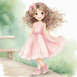 watercolor, full body, different poses, cute smile girl, curly hair, big eyes, long brown hair, pink dress, pink shoes, white backgrownd