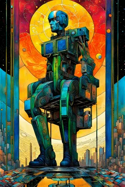 Create a chaotic abstract cubist Tarot Card depicting a full body post apocalyptic, The Chariot , with highly detailed facial features, in the style of Bill Sienkiewicz, Philippe Druillet, Gustav Klimt, and Jean Giraud Moebius, precisely drawn, colored and inked