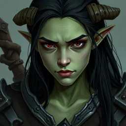 A digital illustration shoot from a portrait camera angle about a portrait of a young orc woman with dull green skin. In the middle of the image, a 20 years old orcish woman, appears to be looking at the viewer lost in thought. she has long black hair, red eyes, and is wearing armour. Fantasy, skyrim, magic, she does not have horns