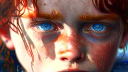 Ultra realistic close up of solemn tween boy, big blue eyes looking at camera, pale face with freckles, abundant wavy red hair wet and shining in the light, no shirt, water dripping from hair, water droplets on smooth skin, fire reflected in eyes, smoke in the background, high res, ash floating in the air