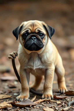 pug puppy, monkey, baby creature thats upstanding, extreme and awkward