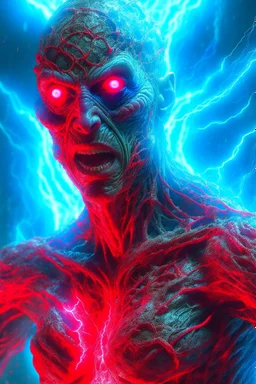 Skeletal man with strange eyes, action snapshot, bloody, Upper body portrait, 8k resolution by Greg Rutkowski, Artgerm, WLOP, Alphonse Mucha dynamic lighting hyperdetailed intricately detailed Splash art trending on Artstation triadic colors Unreal Engine 5 volumetric lighting, thunderstorm