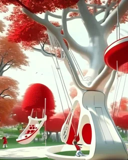 Perspectiva completa Parque infantil juegos columpios estilo Zaha Hadid obra de arte pintura al óleo detallada color blanco crema y rojo imperial impactante árboles niños personas foto realista arte Bauhoaus iluminación cinematografica 4k