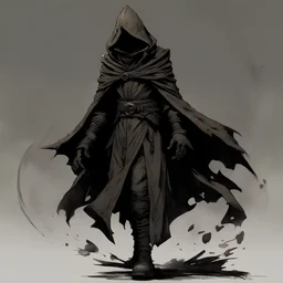 Shadow Magic Sorcerer, hooded goblin, thematic tone wash, characteristic graphic style, grit fantasy, darkest dungeons and dragons art, inkblots, pastel color palette, screen tones, black leather armour, black hood and cloak