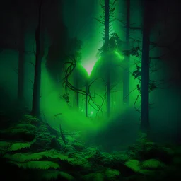 green fog in the forest at night with an electric heart