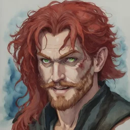 dnd, fantasy, watercolour, portrait, illustration, dull colours, male, dwarf, face, bearded, long brows, frugal, weathered face, green eyes, determined, happy, red hair, very long hair streaming down the shoulders, radiating light, five o'clock shadow, softer facial features, dignified