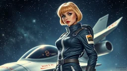 A photorealistic image of an adventurous pinup girl from the future, dressed in a tailored, full-body space suit, stands proudly beside her streamlined spaceship. Her short, untidy, blond hair with bangs. The scene is framed by a cosmic expanse of stars and nebulas.