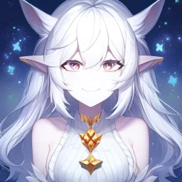 cosmic mage, elf, female, cosmic magic, long ears, white hair, face details, pale skin, jewellery, broad shoulders, sharp ears, star clothes, cosmic eyes, ears shown, the cosmos in eyes, shining eyes, thin face, detailed ears, magical eyes, closed mouth, make up, smiling face, happy face, pointy ears