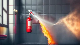 using fire extinguisher to spray at the overflowing toilet