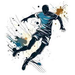 Vector illustration, Minimalistic, Digital illustration, a Little [Vintage tshirt print design (on a white background:1.2), digital art of a soccer player kicking a ball with a trail of stardust, (grunge graffiti:1.2), urban edge, distressed effects, streetwise charisma.]Print for t-T-shirt HaHand-drawn