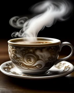 A steaming cup of tea with a splash of creamy milk, swirling in delicate patterns as it blends together.