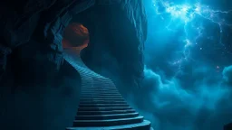Stairs between heaven and hell, a big vertical spiral staircase made of indefinable material, the end of which cannot be seen, connecting the hellish dark depths with the endless dark blue universe, higg detailed, surreal, dark vibe, cinematic