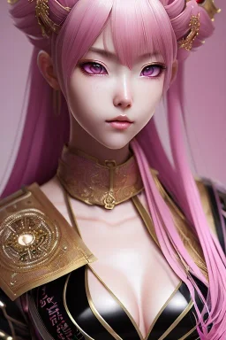 Detailed cute anime Kunoichi girl, pink hair buns, pink bangs, black latex bodysuit, intricate details, full body portrait, keep head in frame, slight smile, black Japanese motif, concept art, highly detailed, digital painting, concept art, sharp focus, illustration, art by Yoji Shinkawa, WLOP and greg rutkowski and alphonse mucha and artgerm and yanjun Chen and Junji ito and Makoto Shinkai, HDR, octane render