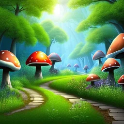 A great big mushroom forest with a stone path going through it.