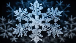 A photomicrograph of a single snowflake, showcasing its perfect hexagonal symmetry and delicate, lacy structure. The ice crystal's intricate patterns are highlighted against a dark, contrasting background. Beautiful award-winning photograph, inspiring, rule of thirds, balanced delightful composition, perfect lighting, superb detail, 16k render