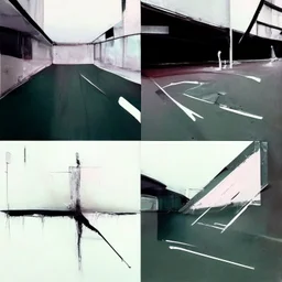 Minimal abstract oil paintings desolate 1960s carpark concrete fragments and naked bodies. style of Justin Mortimer and Francis Bacon. road markings.