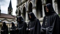 hooded monks in black robes in front of cathedral