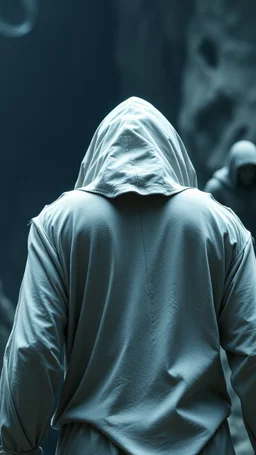 The creature from the the movie Prometheus with white hooded clothes looking behind