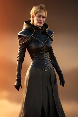 Cersei Lannister as evil queen in black leather coat, busty, cleavage, voluptuous, lena headay, angry, stern look. character design by cory loftis, fenghua zhong, ryohei hase, ismail inceoglu and ruan jia. unreal engine 5, artistic lighting, highly detailed, photorealistic, fantasy