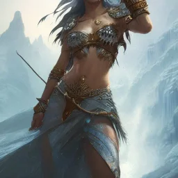 A queen warrior sun woman with light eyes, tropical background, waterfall, in the fantasy world , 8k resolution, ice winter fantasy concept art, by Greg Rutkowski, dynamic lighting, hyperdetailed, intricately detailed, deep, sun