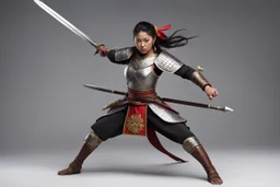 a female medieval warrior embodies the essence of grace and power. She adopts a stance akin to the Japanese Mahami No Nekoashi Dachi, known as Kokutso Dachi, moving with precision and fluidity. With legs bent and poised in a squatting position, she stretches out her arms in a striking display of readiness. One arm extends forward, firmly gripping her sword with determination, while the other arm reaches backward, poised for a swift and calculated strike. As she takes on this formidable stance, t