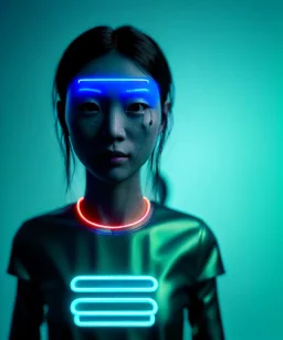 Ultra realistic photographic night portrait, cinematic, <Asian woman> many wires coming out of the head <perfect pupil> <cyborg arm> <garage> <wide angle Shot> <retro futuristic> <thriller>, neon lights, color fog, soft color, highly detailed, unreal engine 5, ray tracing, RTX, lumen lighting, ultra detail, volumetric lighting, high definition.