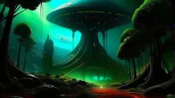 hyper realistic, tron legacy movie, space ships of the future, city of the future, green nad dark red trees , forest, space, planets, god status creations of the universe, face of an alien