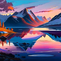 Illustrate a scene of a tranquil Norwegian lake reflecting the vibrant colors of a mesmerizing sunset, with snow-capped mountains in the background and a sense of calmness pervading the atmosphere, representing the serene beauty of Norway that sparks artistic imagination.