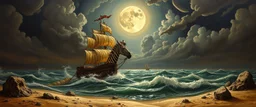 master oil painting by Rembrandt, good afternoon clay moon chill hyper bigger than life zebra dream smoking trickster golem peeking out of a sand twister whirlwind cocoon, all inside a bottle ship