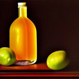 still life bottle half fruit