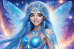 A beauty Fairy women with long blue straight hair, with a beautiful face, and Blue big eyes. She has Crystal wings and sweety elegant smile.She Is a magic sacred dancer in cosmica ceremony..the background Is a magic coloured bright galaxy, with a stars. She Is so fine gentle and with grace