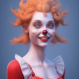 Ultra detailed very beautiful smileing cute clown girl,beautiful real skin, red nose, shallow of dept 3d, symmetrical, ultra detailed curl hair, ambient lighting, ultra detailed face, concept art, circus,party, digital painting, octane render, art by artstation