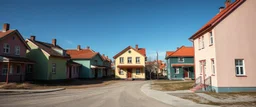 Fotografia di strada random assurda e falsa orripilante Moldavia Transnistria Adighezia weirdcore dai colori vivaci. Non luogo falso, inusuale. Max Ernst. Le case sono false e dipinte di chiaro con cose stilizzate e dettagli. Ci sono strane. , che danno un senso distopico e molto surreale, disposte in modo casuale. L'atmosfera generale sembra noiosa e onirica, con un contrasto tra elementi reali ed elementi dipinti falsi, René Magritte