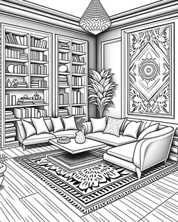 MANDELA STYLE .rendering loft luxury living room with shelf near dining table counter Coloring Book for Adults, Instant Download, Grayscale Coloring Book