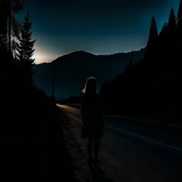 dark night, a woman silhouette on the side of the road,, mountains and forests next to the road, a sunrise in the distance, photo quality