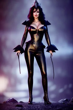 painting of lisa ann as evil queen in black leather pants, , leather, angry, stern look, volumetric lighting, particales,highly detailed,cinematic, deep colours,8, highly detailed, digital painting, artstation, concept art, smooth, sharp focus,