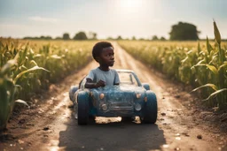 a plastic bottle car made of several plastic bottles on a dirty road next to a corn field in sunshine a little black boy standing happily next to it, ethereal, cinematic postprocessing, bokeh, dof