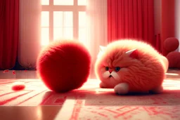 cute fluffy chibi beige cat playing with a giant plush red covid virus in a modern hall on a carpet in sunshine