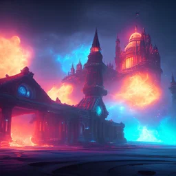 dynamic lighting, Intricately detailed, deep color, Unreal Engine, volumetric lighting, Hell fantasy artwork, nightsky, blue, black, nebulae, fields, abandoned buildings, ruins, cottage,